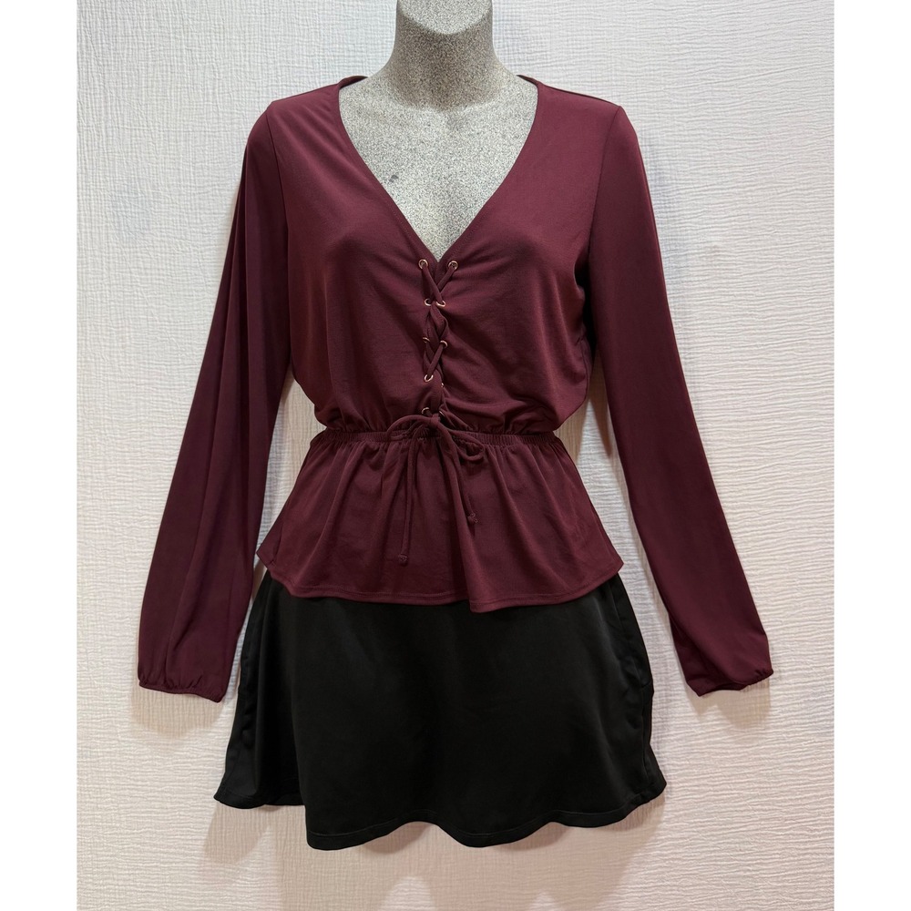 Guess Women's Burgundy V neck Lace Up Peplum Long Sleeve Top Size S Casual